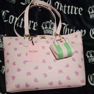 Juicy Couture Fun In The Sun Pink Strawberry Print Tote with Green-Striped Pouch